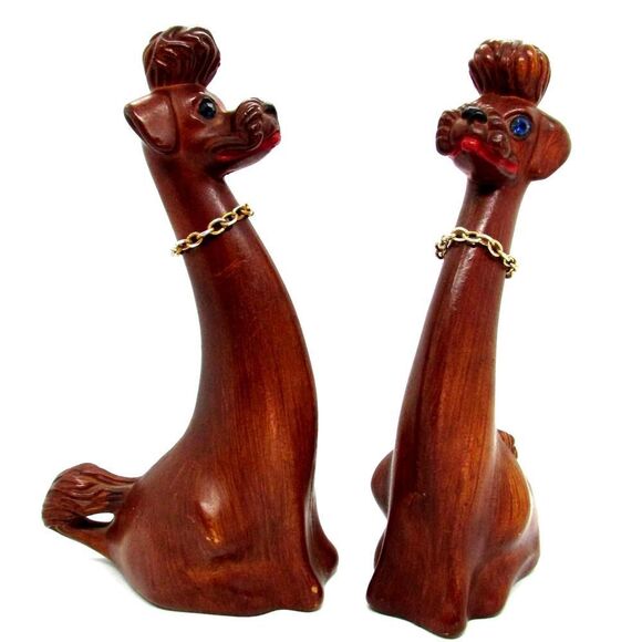 Vintage Long Neck Poodle Figurines Rhinestone Eyes - Picture 1 of 12